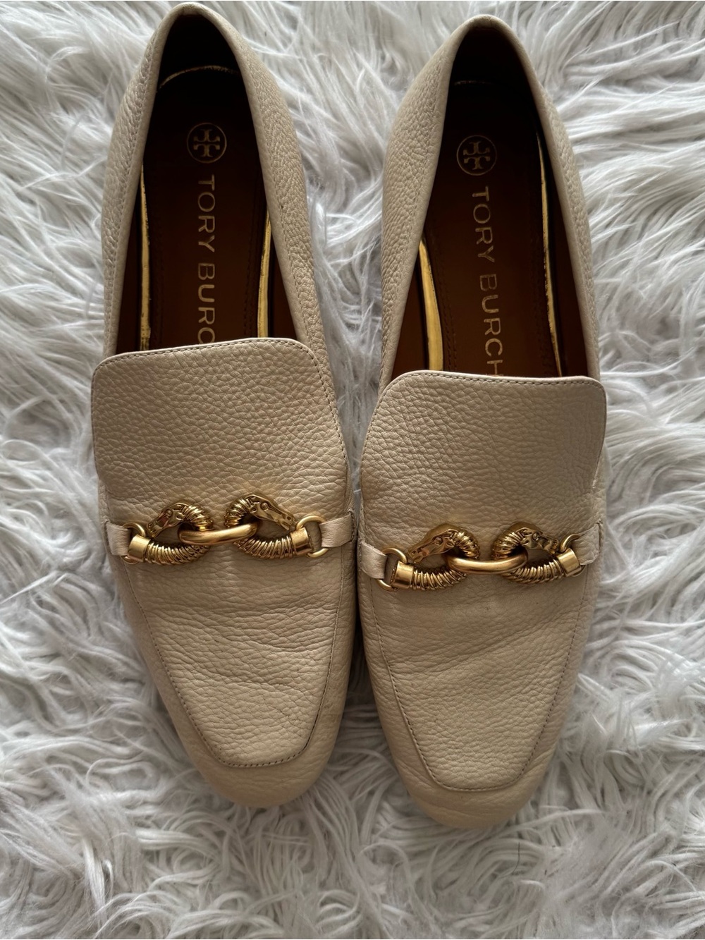 Tory Burch Jessa Women Cream Tumbled Leather Loafers Gold Equestrian, 11